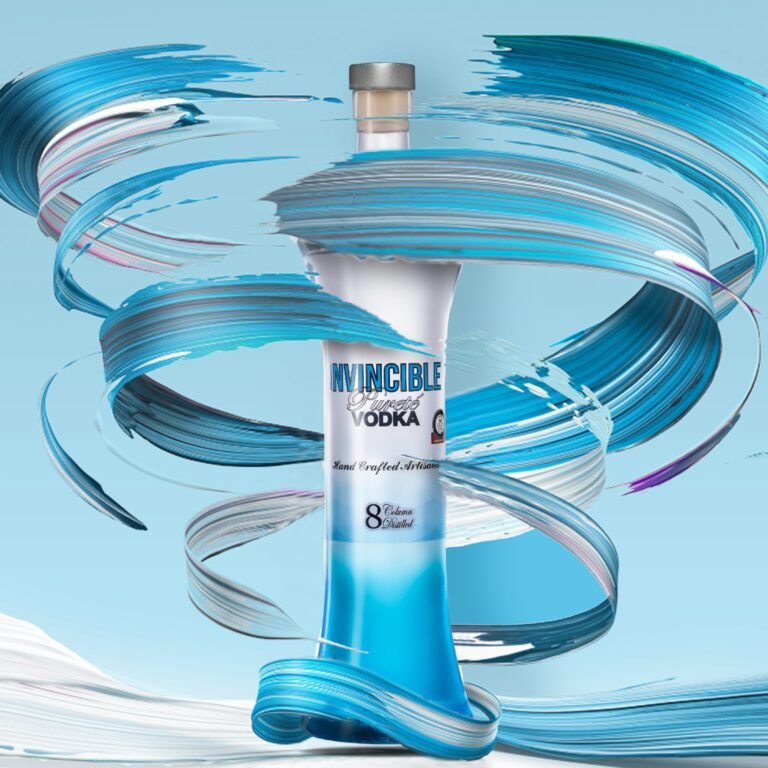 Creative artwork featuring the Invincible Vodka bottle surrounded by dynamic blue spiral graphics.